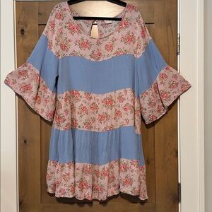 Ninexis Tiered Ruffle Mini Dress Tunic Womens 2X pink blue bell sleeve floral